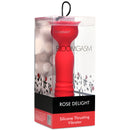 Rose Delight Silicone Thrusting Vibrator in packaging, showcasing its elegant design and features for intimate pleasure.