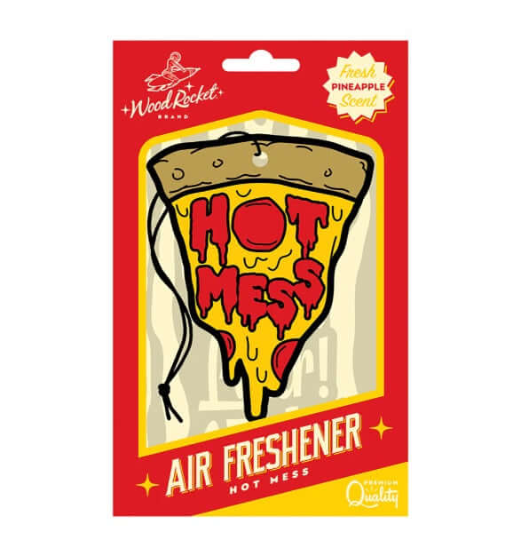 WoodRocket Air Freshener Hot Mess with pizza slice design and fresh pineapple scent packaging