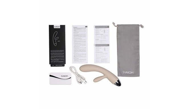 Svakom Alice Rabbit Vibrator Khaki with charger, instructions, and storage pouch for enhanced pleasure and convenience.