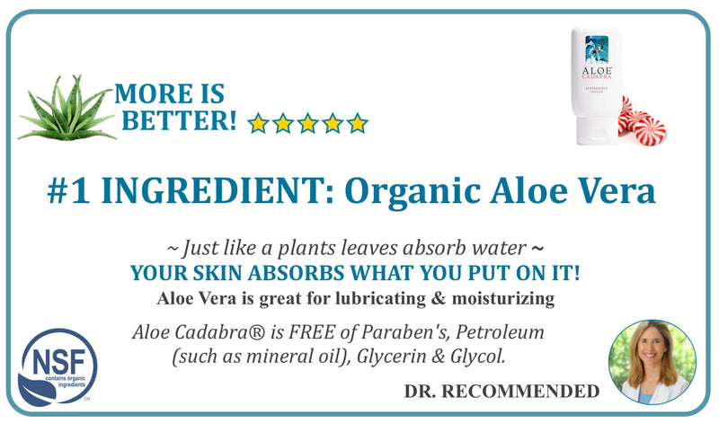 Aloe Cadabra Peppermint Tingle Lubricant highlights organic Aloe Vera as the main ingredient, safe for use, and doctor recommended.