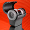Playboy Come Along Travel-Sized Stroker showcasing dual entries and sleek design for on-the-go pleasure, displayed against a vibrant orange background.