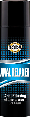 Body Action Anal Relaxer Silicone Lube 1.7 Oz packaging, silicone-based lubricant for comfort and reduced friction.