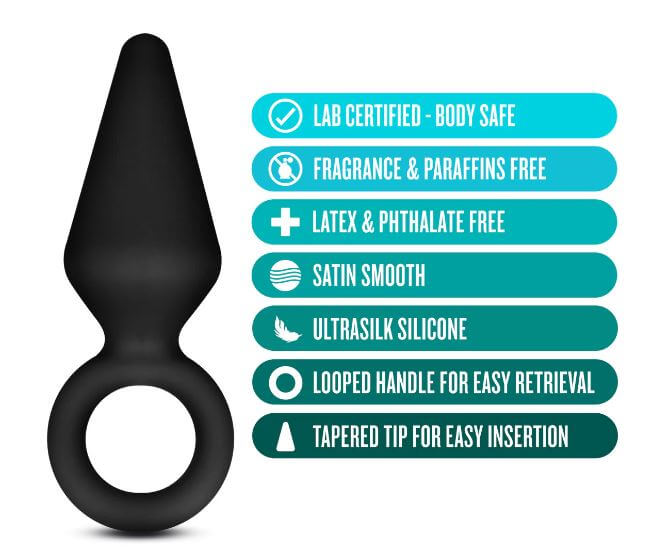 Blush Anal Adventures small black silicone loop plug with tapered tip and safe design features for easy insertion and retrieval.