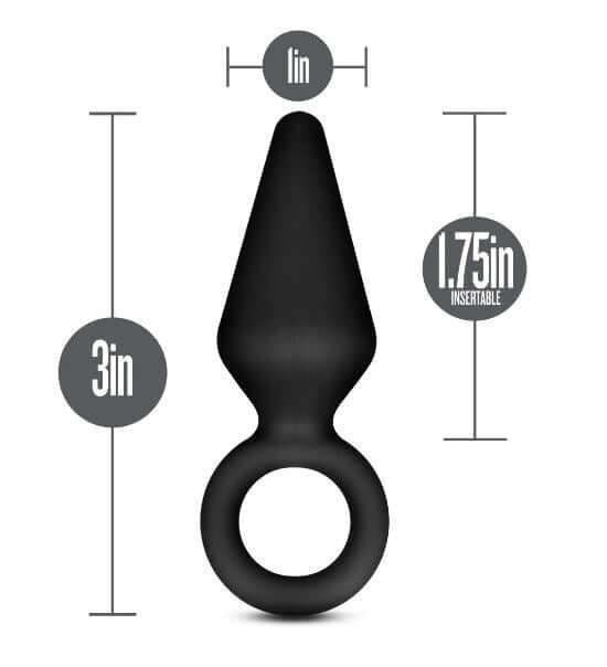 Small black tapered anal loop plug with dimensions of 3 inches total length and 1.75 inches insertable.