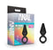 Blush Anal Adventures Platinum Silicone Loop Plug Small Black with tapered tip and loop base in packaging.