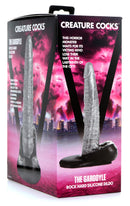 The Gargoyle Rock Hard Silicone Dildo Silver packaging featuring a detailed design and vibrant colors.