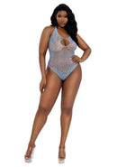 Dreamgirl Plus Size Ashley Teddy Arctic Blue Queen model wearing seductive sheer lingerie.