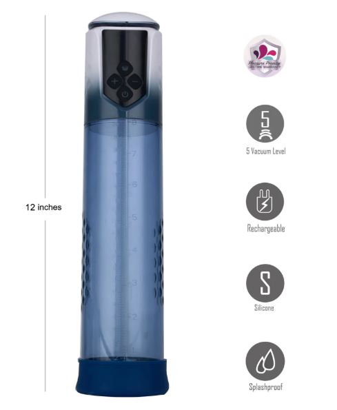 Maia Archer Blue Automatic Penis Vacuum Pump shown with 5 vacuum levels, rechargeable features, and silicone material.