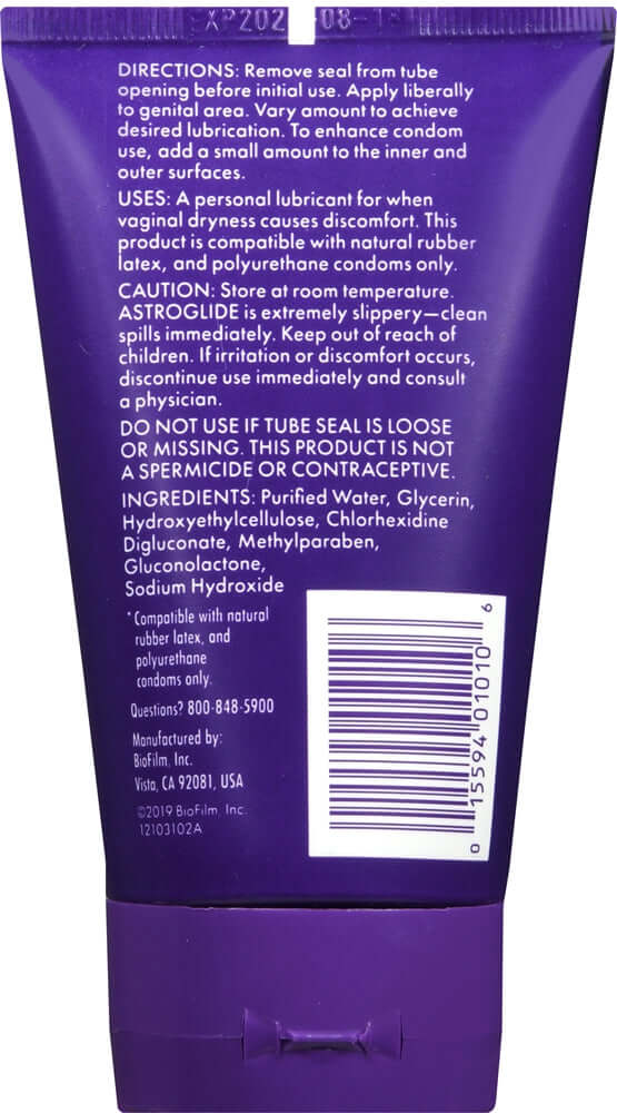 Astroglide Personal Lubricant Water based Gel 4 Oz packaging directions and ingredients information.