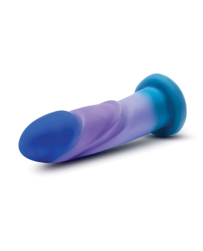 Avant Midnight Rendezvous Ocean Blue hand-sculpted silicone dildo with suction cup in shades of blue and purple.