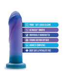 Avant Midnight Rendezvous Ocean Blue hand-sculpted silicone dildo with suction cup base and feature list of softness, smoothness, handcrafted quality.