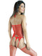 Red sweetheart rhinestone bodystocking lingerie showcasing a back view, featuring fishnet design and alluring cutouts.