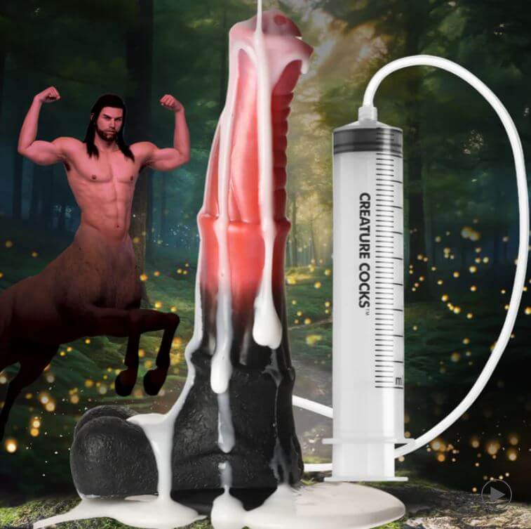 CREATURE COCKS Centaur Explosion Squirting Dildo with syringe and hose in a magical forest setting