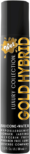 Wet Gold Hybrid Water Silicone Blend Lubricant 1 Fl Oz bottle with hypoallergenic and paraben-free labels