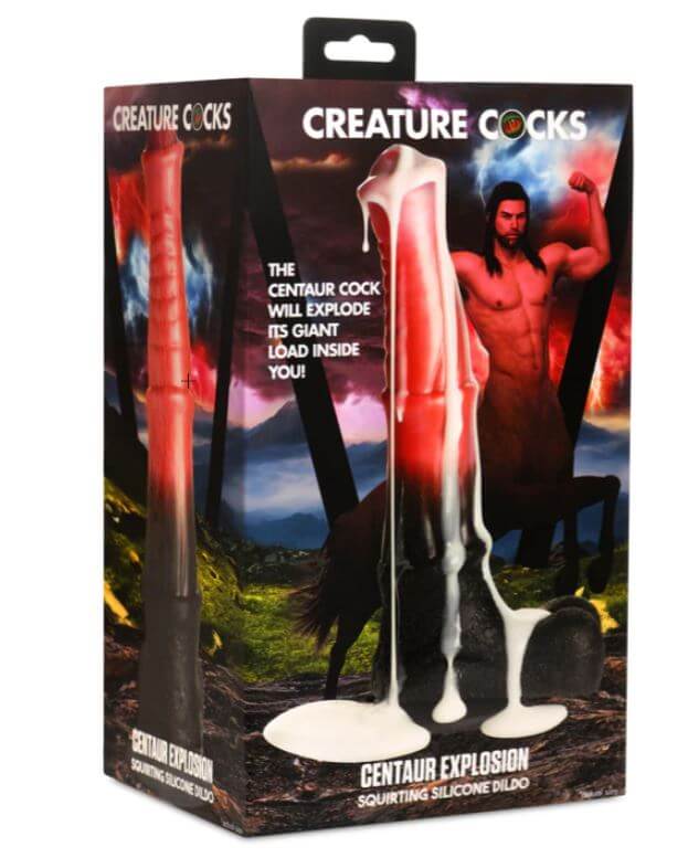 CREATURE COCKS Centaur Explosion Squirting Dildo packaging with fantasy design and lifelike features for a thrilling experience.