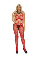 Elegant Moments Heart Net Open Crotch Bodystocking Queen Red showcased by a model wearing a playful heart net design.