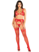 Leg Avenue Red 3 Piece Lace Bra Top G-String and Stockings featuring a stunning lace set with garter belt and stockings.