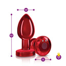 Cheeky Charms Vibrating Red Metal Remote Anal Plug Medium with detailed size dimensions and red finish.