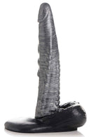 The Gargoyle Rock Hard Silicone Dildo Silver showing ridges, tapered tip, and wide flanged base for stability.