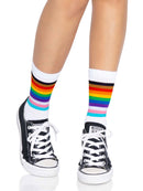 Leg Avenue Pride Crew Socks One Size Rainbow worn with stylish black sneakers, showcasing vibrant rainbow stripes.