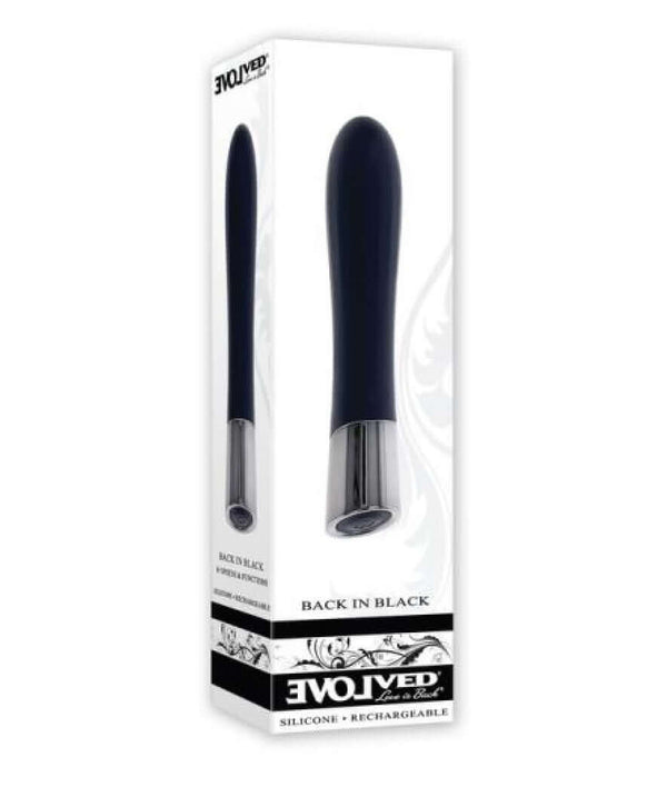 Evolved Back in Black Petite Vibrator - sleek black design with chrome tip, boxed packaging, 10 speeds and patterns, waterproof, USB rechargeable