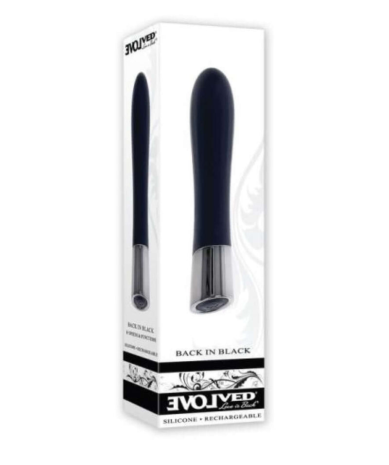 Evolved Back in Black Petite Vibrator - sleek black design with chrome tip, boxed packaging, 10 speeds and patterns, waterproof, USB rechargeable