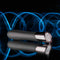 Evolved Back in Black Petite Vibrator with chrome tip and textured shaft on reflective surface, featuring blue light trails in the background.