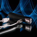 Evolved Back in Black Petite Vibrator with USB cable, featuring sleek black design, chrome tip, and easy-grip handle on reflective surface.