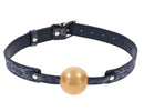Luxury Cougar ball gag in blue and gold with adjustable strap for sensory play.