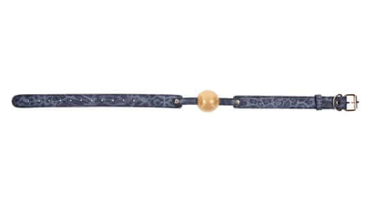Luxury blue and gold adjustable ball gag for sensory play, featuring elegant Cougar design with soft rubber ball.