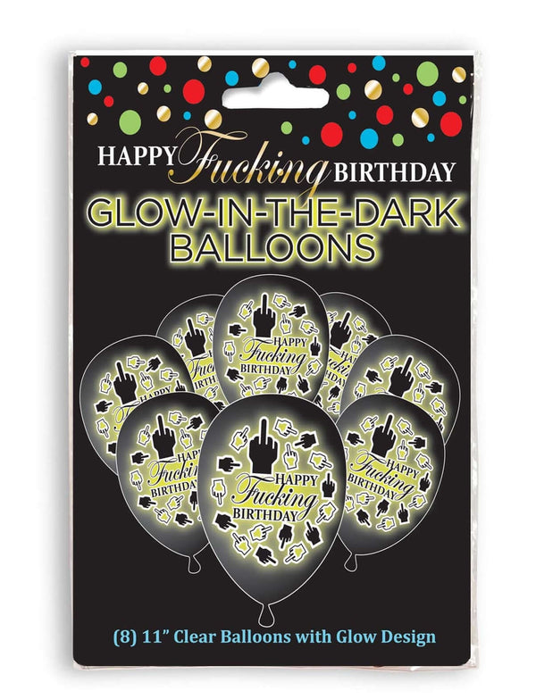 Happy F'ing Birthday glow in the dark balloons pack of 8 with fun designs for unforgettable celebrations.