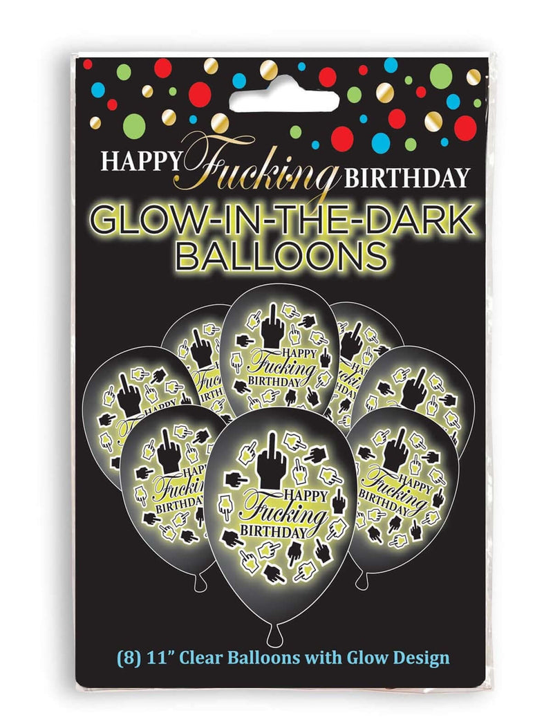 Happy F'ing Birthday glow in the dark balloons pack of 8 with fun designs for unforgettable celebrations.