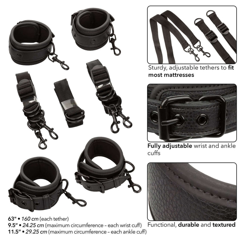 Nocturnal™ Collection Bed Restraints with adjustable cuffs and tethers, featuring durable textured straps and secure buckle closures.