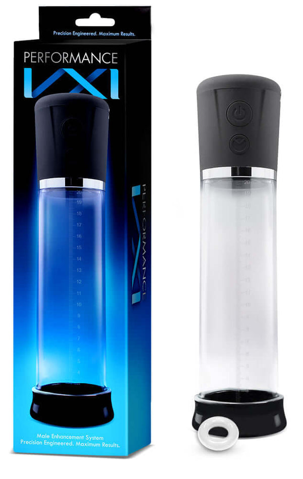 Performance VX1 Motorized Penis Pump with packaging and cock ring included.