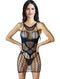Flirty black fishnet dress lingerie showcasing a woman's silhouette, highlighting the intricate net design and flattering fit.
