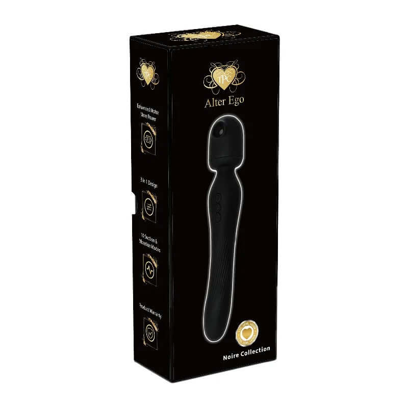 Alter Ego Ultra Wand Black packaging from the Noire Collection, showcasing powerful massager features and design.