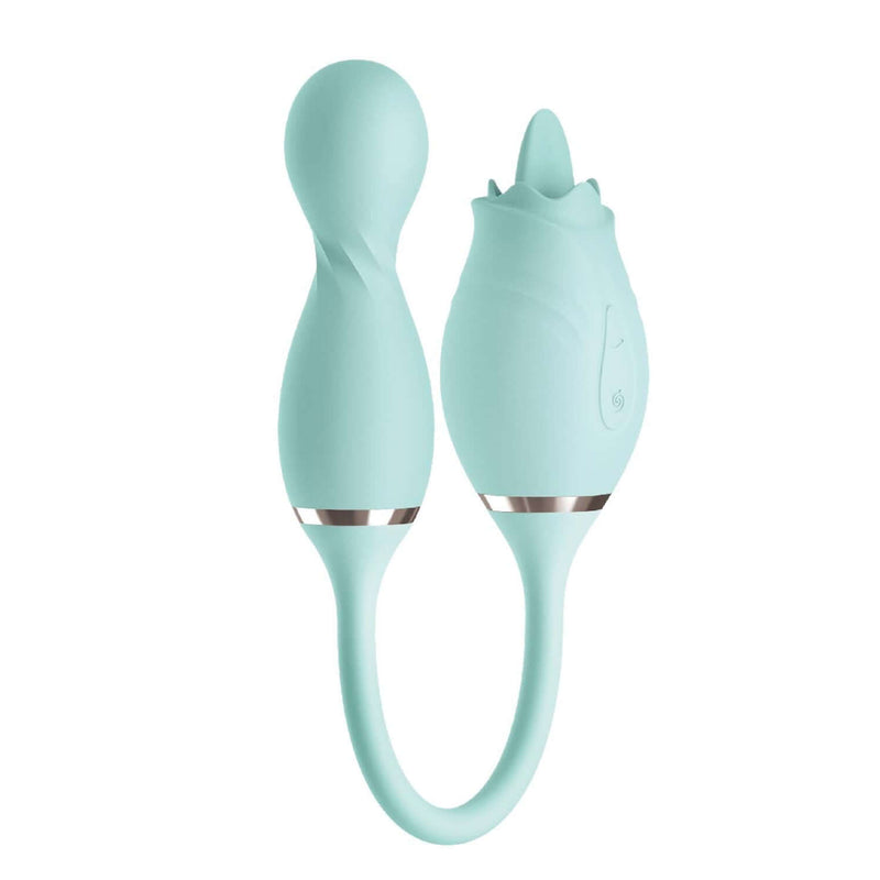 Blaze Exciter Vibe Aqua USB rechargeable dual stimulator with 10 vibrating functions and tongue-mimicking clitoral stimulator.
