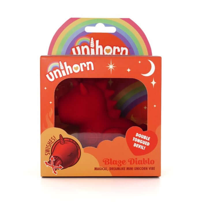 Unihorn Blaze Diablo Forked Tongue Vibrator packaging with rainbow design and devilish theme