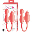 Blaze Exciter Vibe Coral dual stimulator with 10 dynamic vibrating functions and USB rechargeability in packaging and product view.