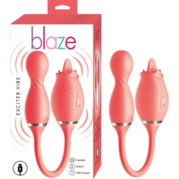 Blaze Exciter Vibe Coral dual stimulator with 10 dynamic vibrating functions and USB rechargeability in packaging and product view.
