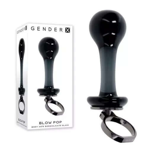 Gender X Blow Pop sleek black glass plug with finger ring and packaging display.