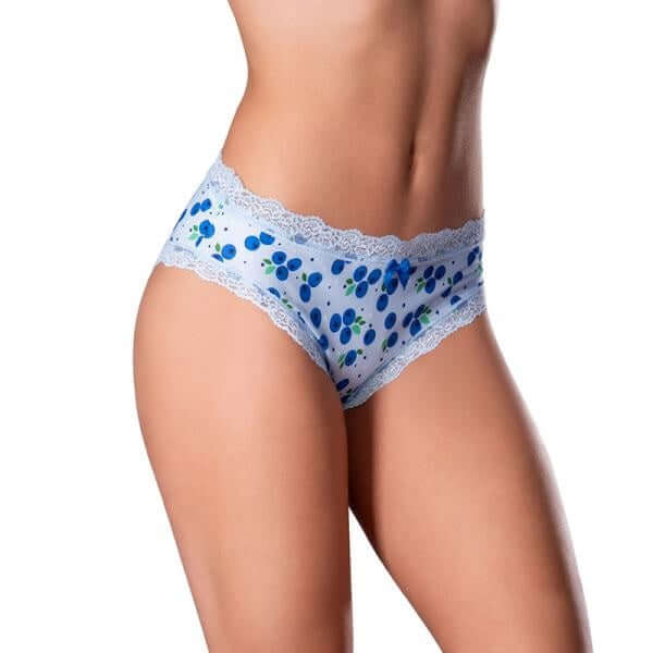 Sweet Treats Boy Short with Edible Lube in Blueberry print, L/XL - Silky microfiber boy shorts with playful fruit print and lace trim.