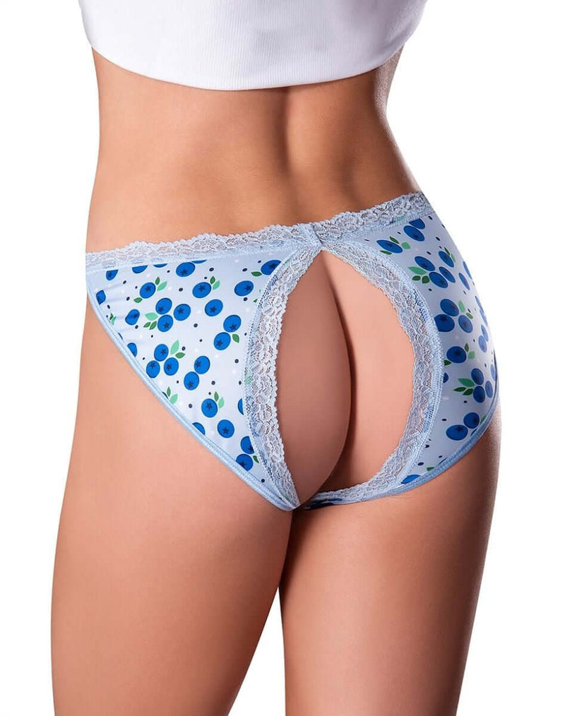 Woman wearing Split Back Panty in Blueberry print with crotchless design and lace trim by Exposed by Magic Silk