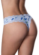 Woman wearing Sweet Treats Crotchless Thong with Blueberry print and lace trim, back view