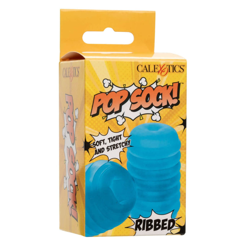 Pop Sock!™ Ribbed Blue packaging showing versatile and reversible design for varied stimulation and thrilling solo adventures.