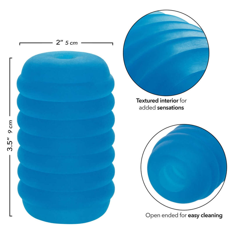Pop Sock!™ Ribbed Blue reversible masturbator with textured interior for added sensations and open-ended design for easy cleaning.