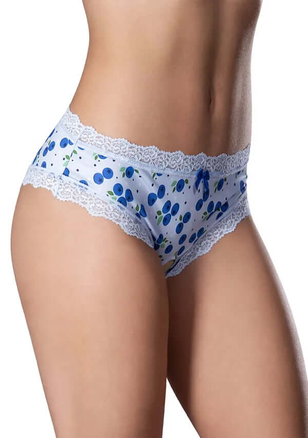 Blueberry print crotchless boy short with lace trim, silky microfiber panties, Sweet Treats S/M, sensual and comfortable lingerie.