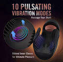Black vibrating penis stimulator with 10 pulsating modes, featuring ribbed inner sleeve for enhanced pleasure.