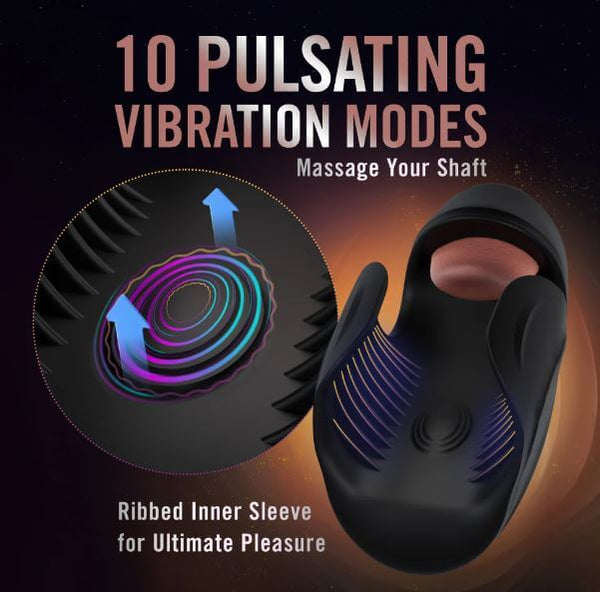 Black vibrating penis stimulator with 10 pulsating modes, featuring ribbed inner sleeve for enhanced pleasure.