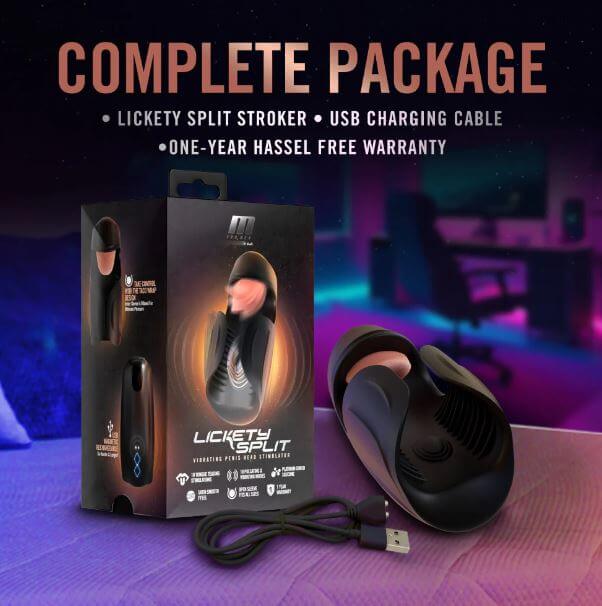 M for Men Lickety Split vibrating penis stimulator with box, USB cable, and one-year warranty in a room setup.